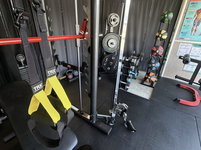TRX suspension straps hanging from the rack, with dumbbells and medicine balls behind